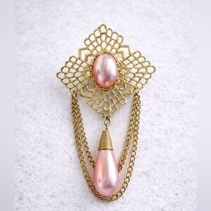 Vintage Pink Faux Pearl Drop Brooch Gold Tone Filigree Dangle Chains Victorian